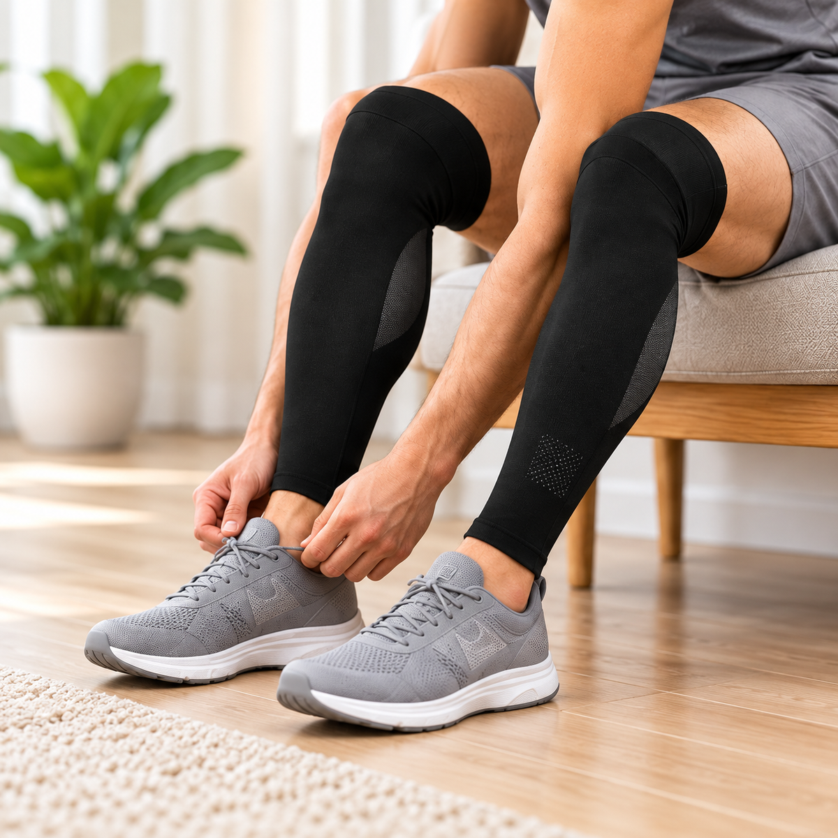 Long black sleeves worn while tying shoes at home.