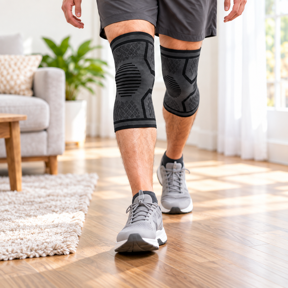 Knee sleeves worn while walking at home.