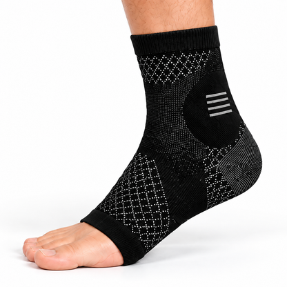 Black and gray ankle sleeve worn on a foot, showing open toes and covered heel.