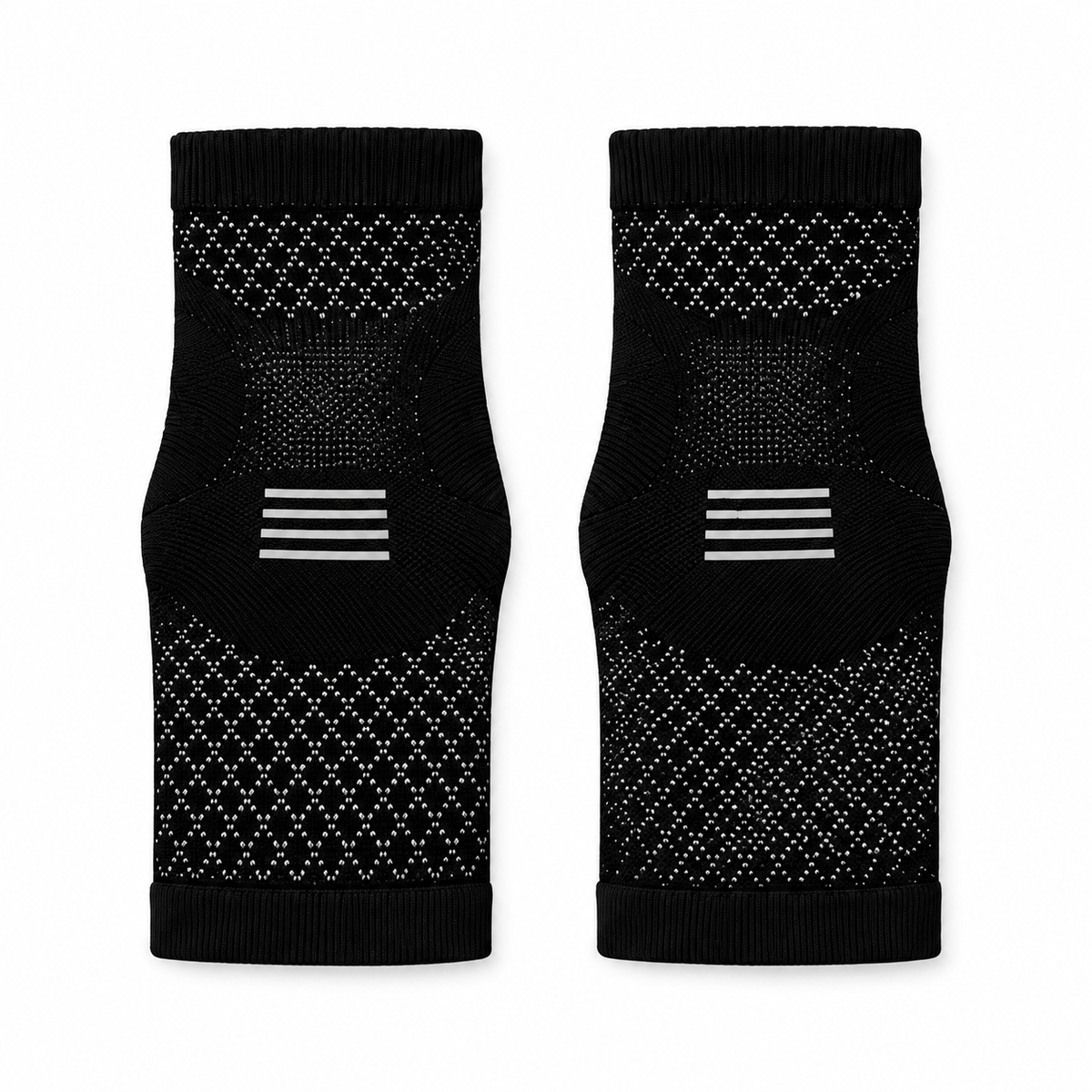 Two black and gray ankle sleeves laid flat on white.