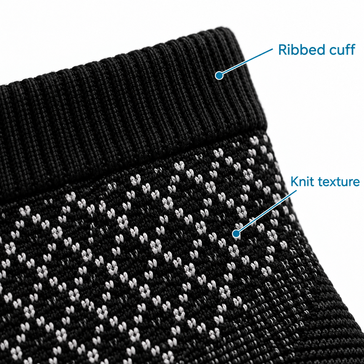 Close-up of the ankle sleeve ribbed cuff and knit texture.