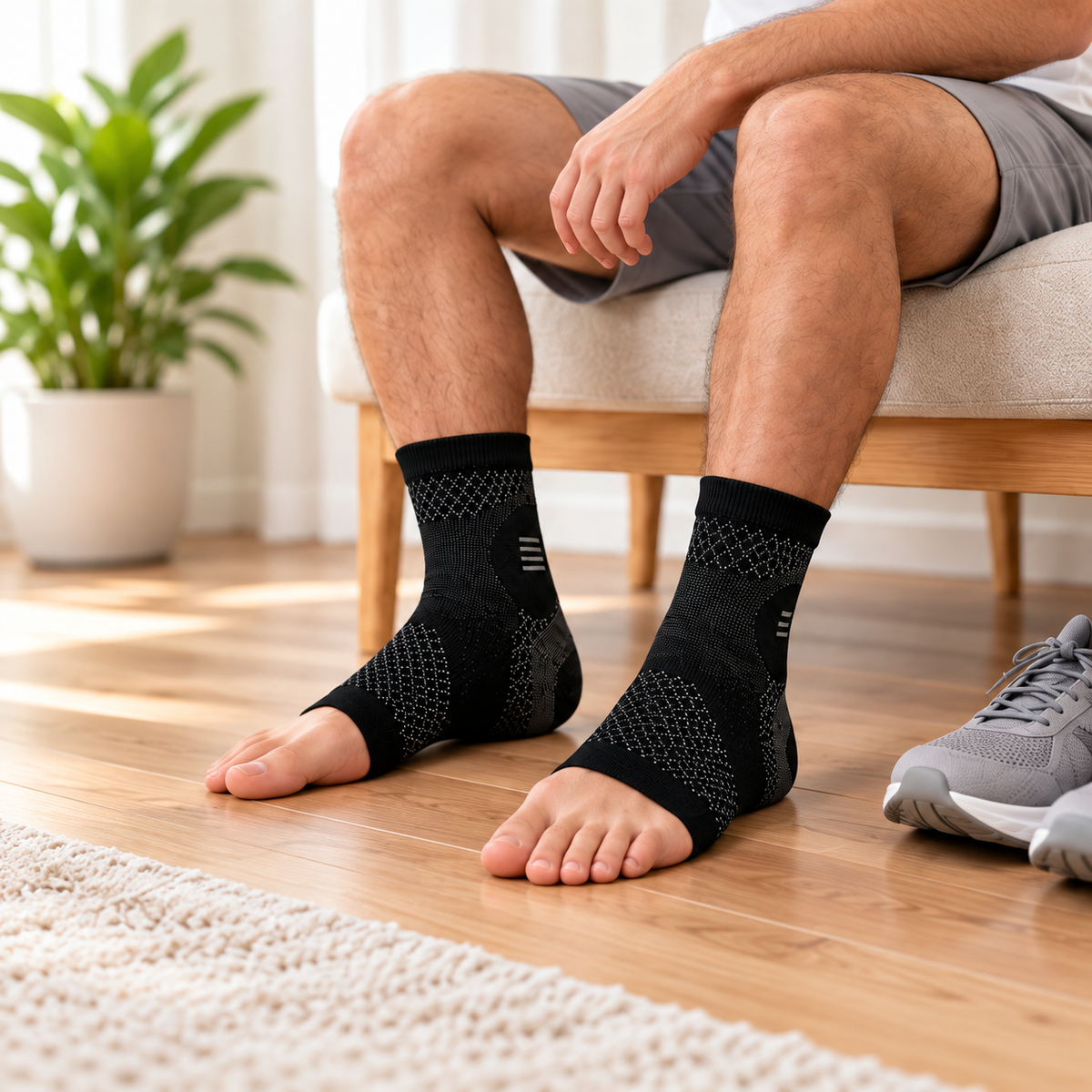 Ankle sleeves worn while seated at home.