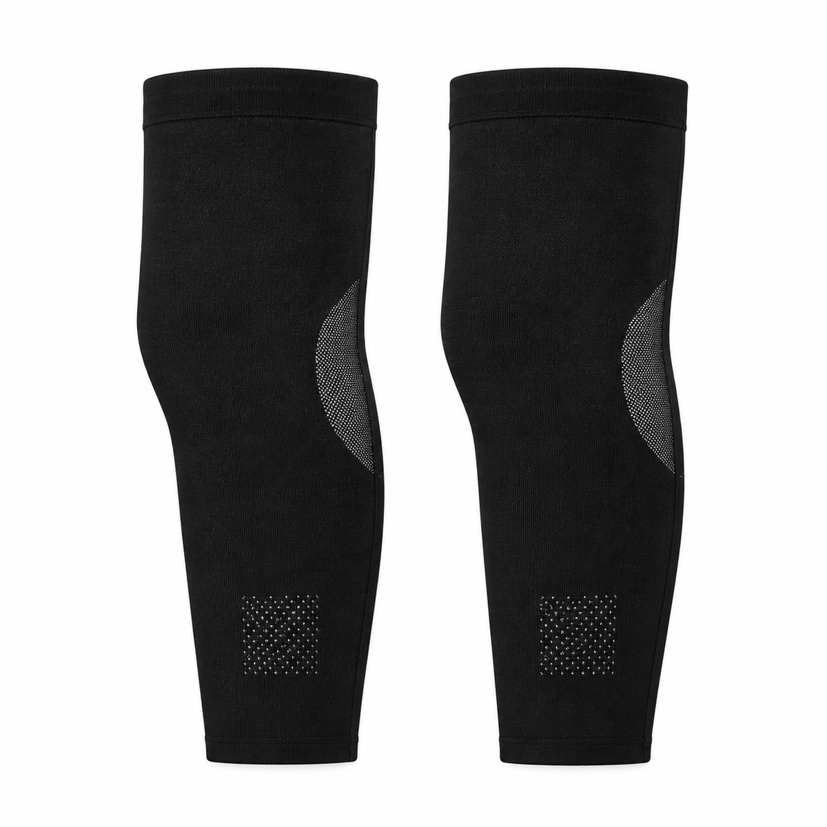 Two long black sleeves laid flat on white.