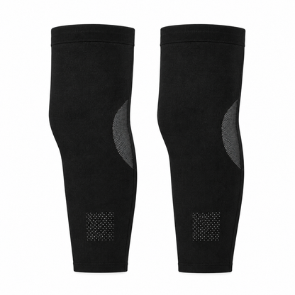 Two long black sleeves laid flat on white.