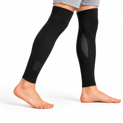 Side view of the long black sleeves worn on the legs.