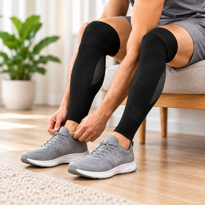 Long black sleeves worn while tying shoes at home.