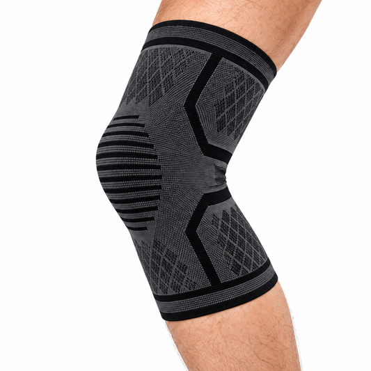 Gray and black knee sleeve worn on a slightly bent knee.