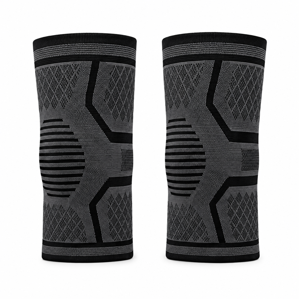 Two gray and black knee sleeves on a white background.