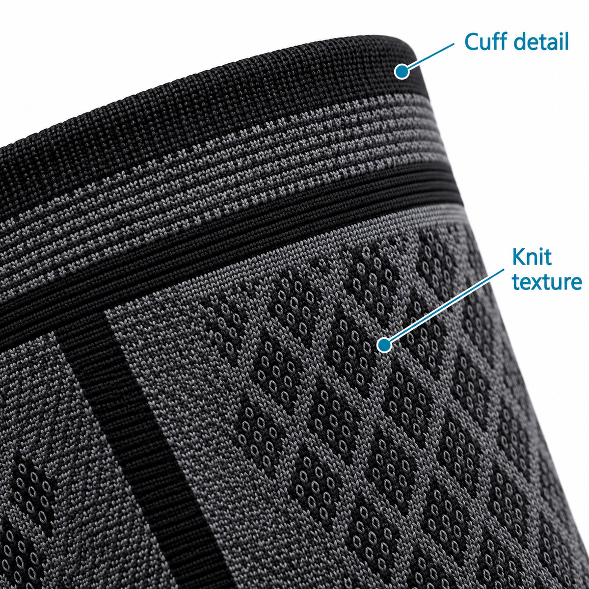 Close-up of the knee sleeve cuff and patterned knit.