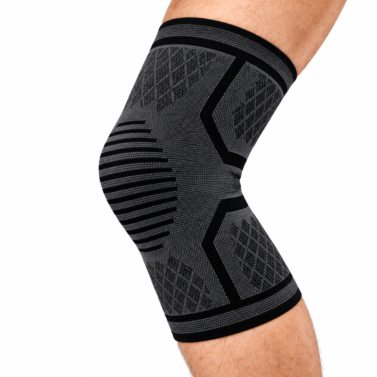 Side angle of the knee sleeve worn on a bent knee.