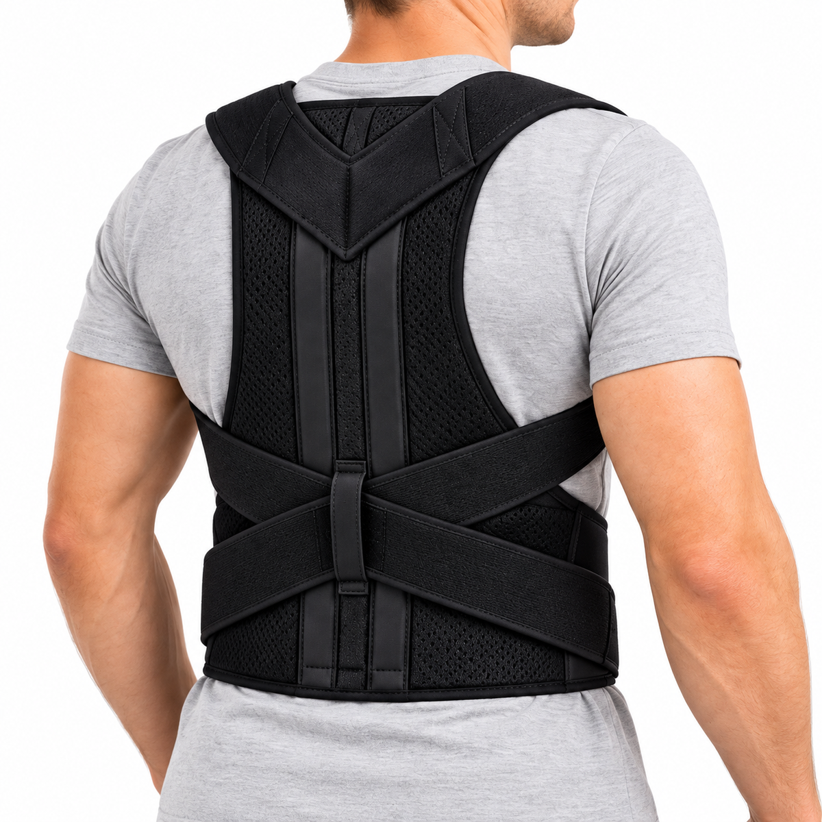 Rear view of a black posture corrector worn over a gray shirt.