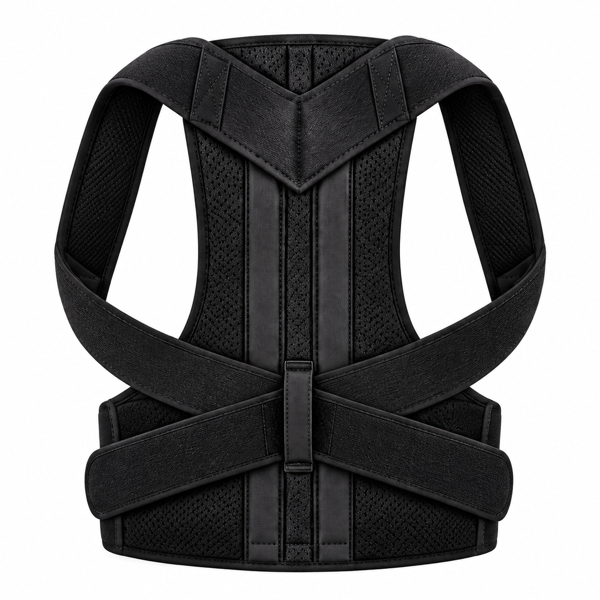 Black posture corrector showing back panel and crossed straps.