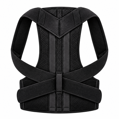 Black posture corrector showing back panel and crossed straps.