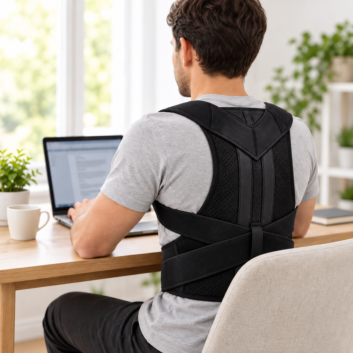 Black posture corrector worn while seated at a home desk.