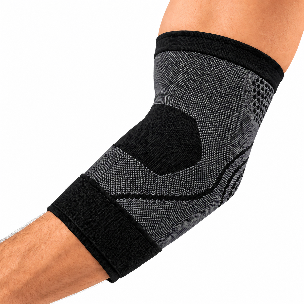 Gray and black elbow sleeve worn on a bent arm.