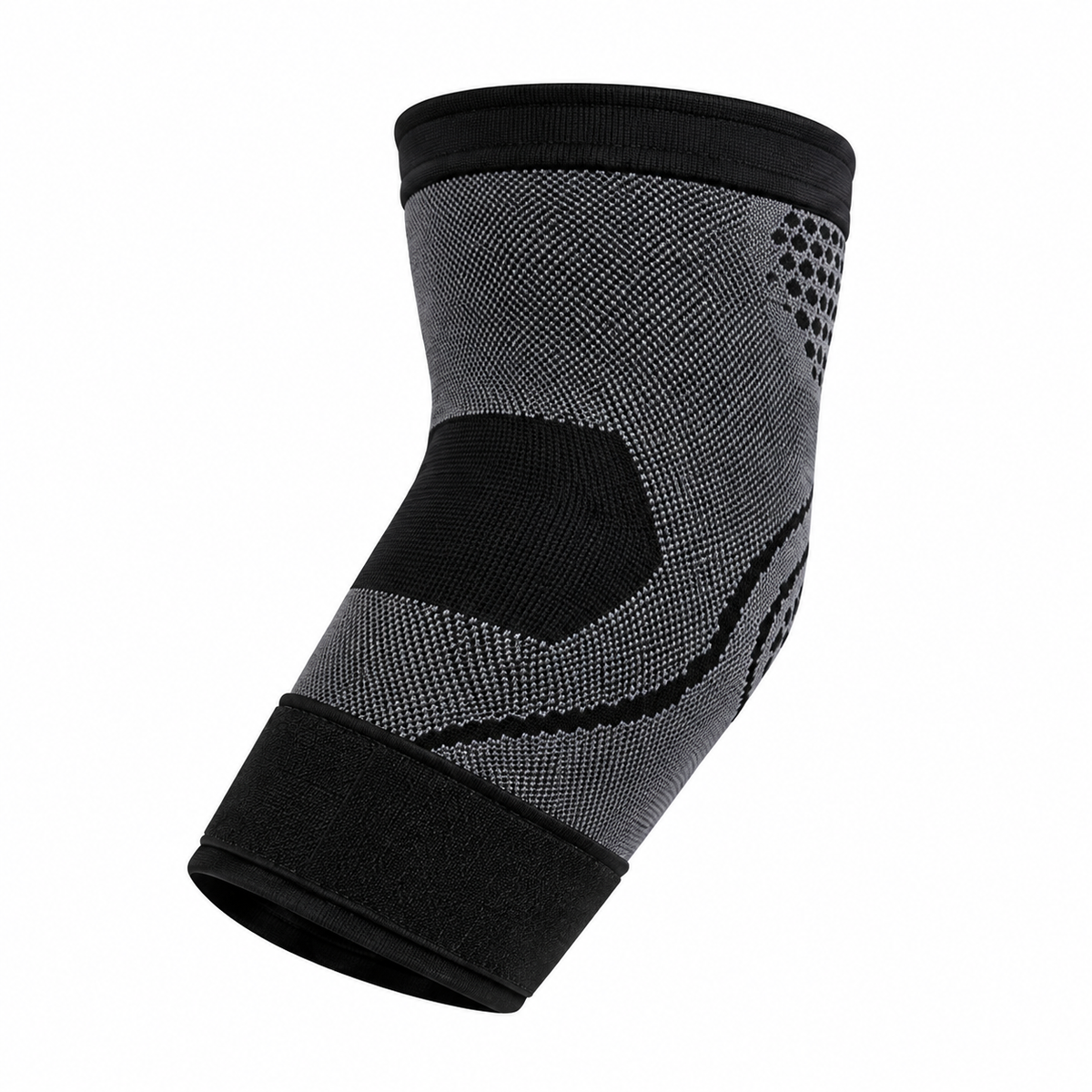 Gray and black elbow sleeve with black wrap strap on white.
