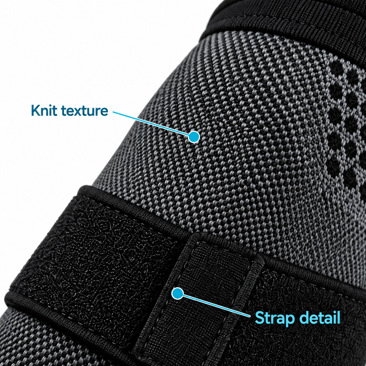 Close-up of elbow sleeve knit and wrap strap.