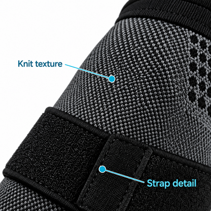 Close-up of elbow sleeve knit and wrap strap.