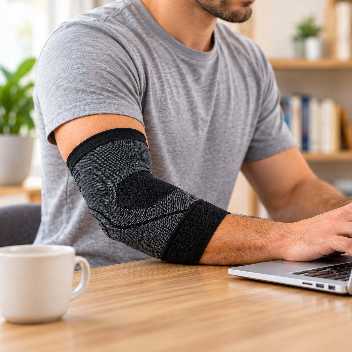 Elbow sleeve worn while using a laptop at home.